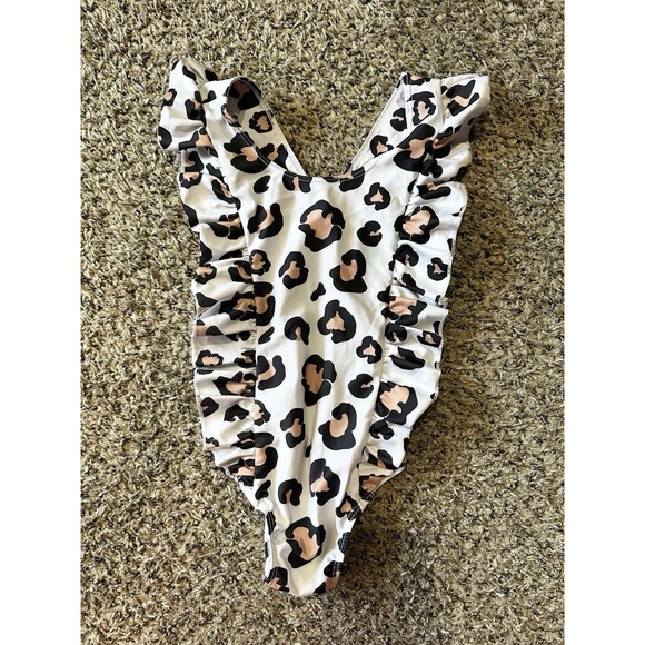 One-Piece Ruffle Sleeveless White Leopard Print Swimsuit Girls Sz 4-5 Year - Picture 1 of 8